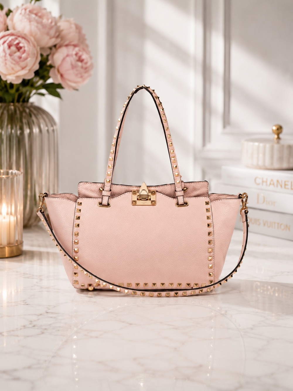 Valentino Garavani Rockstud Blush Pink 2-Way Tote Crossbody Bag With Gold Studs